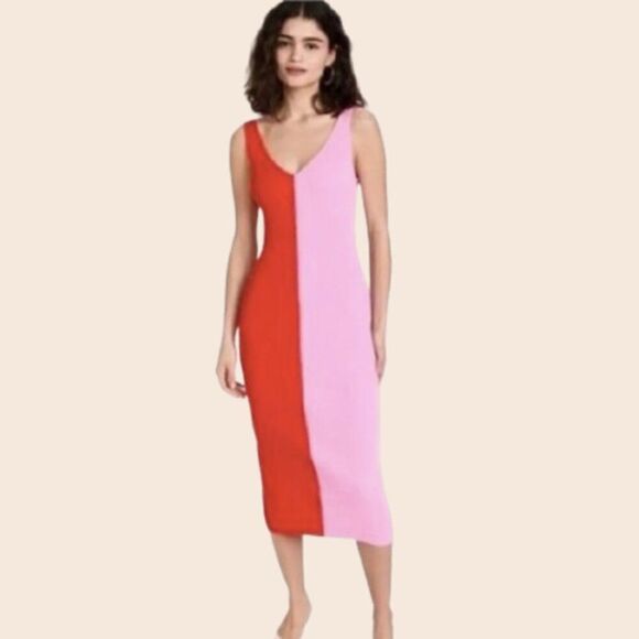 Torn by Ronny Kobo Pink & Red Colorblock Split Two-Tone Midi Dress Size Large - Picture 1 of 11